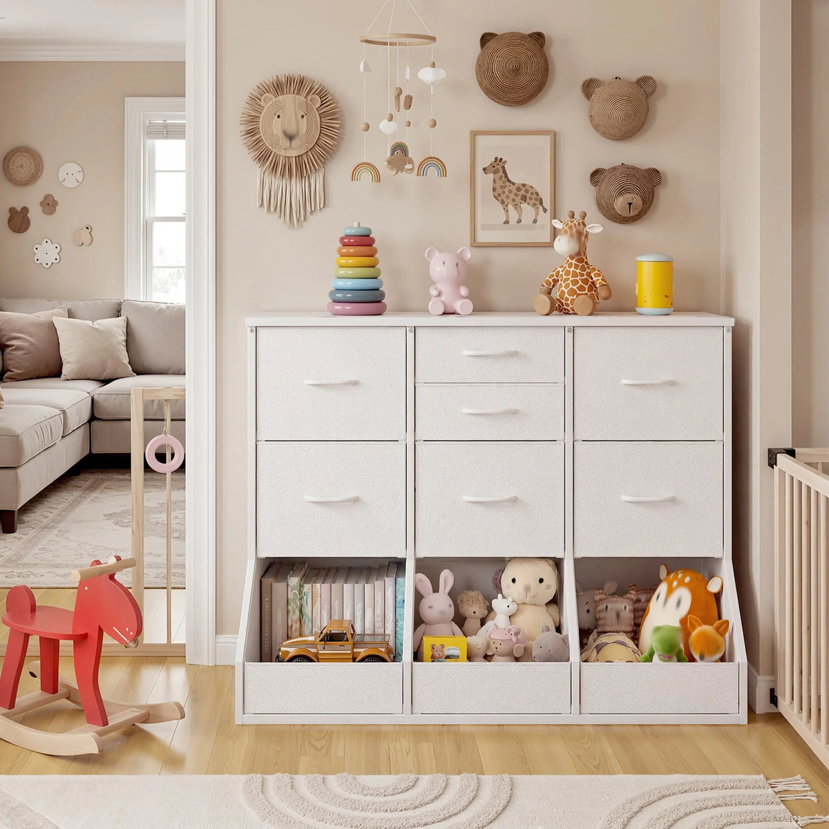 EnHomee 10-Storage Fabric Dresser – 7 Drawers & 3 Open Compartments, Wood Top & Metal Frame – 39.3"W x 17.7"D x 31.5"H – For Bedroom, Entryway, Hallway