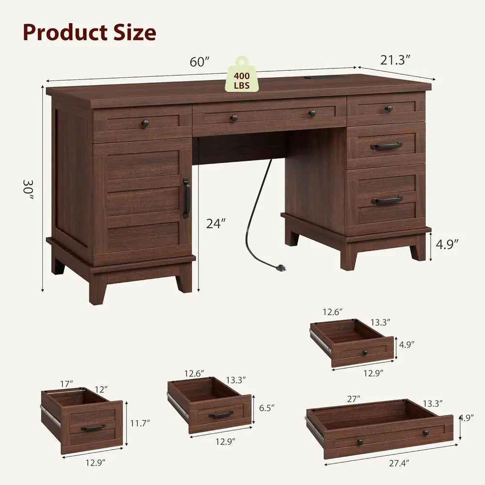 60-inch Wooden Home Office Desk with Charging Station and Storage in Walnut Brown