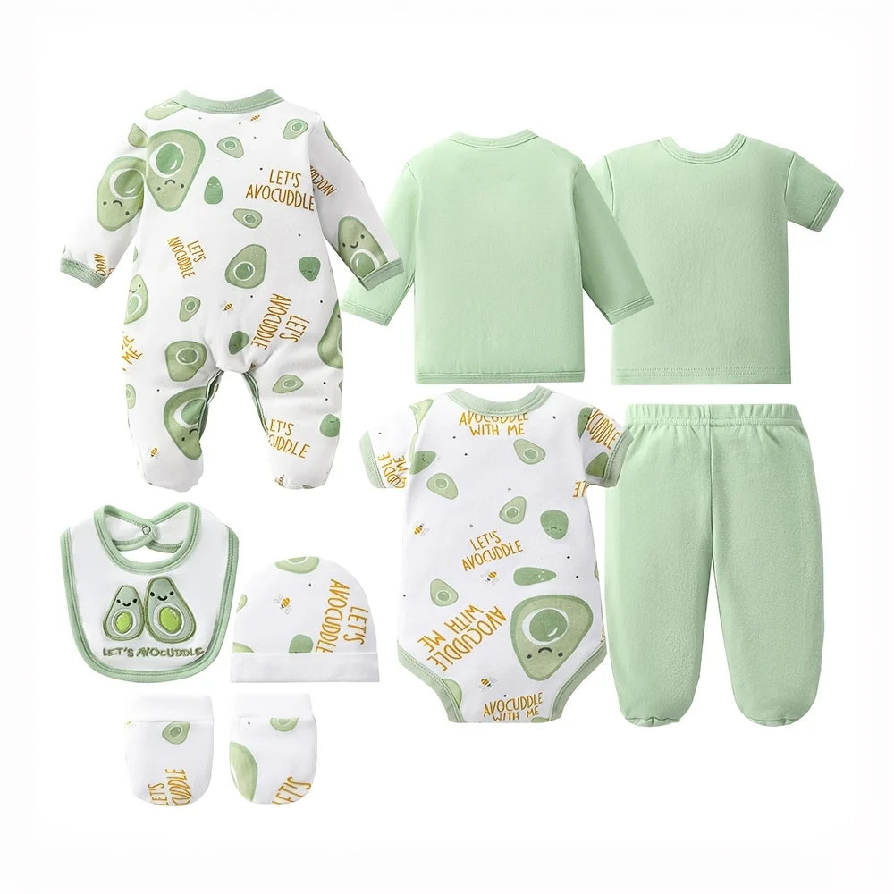 8pcs Newborn Baby Set, 100% Cotton Infant Essentials for Hospital Delivery, Unisex Bodysuit & Romper Outfit with Tops, T-shirts And Hat,, Perfect for Outdoor