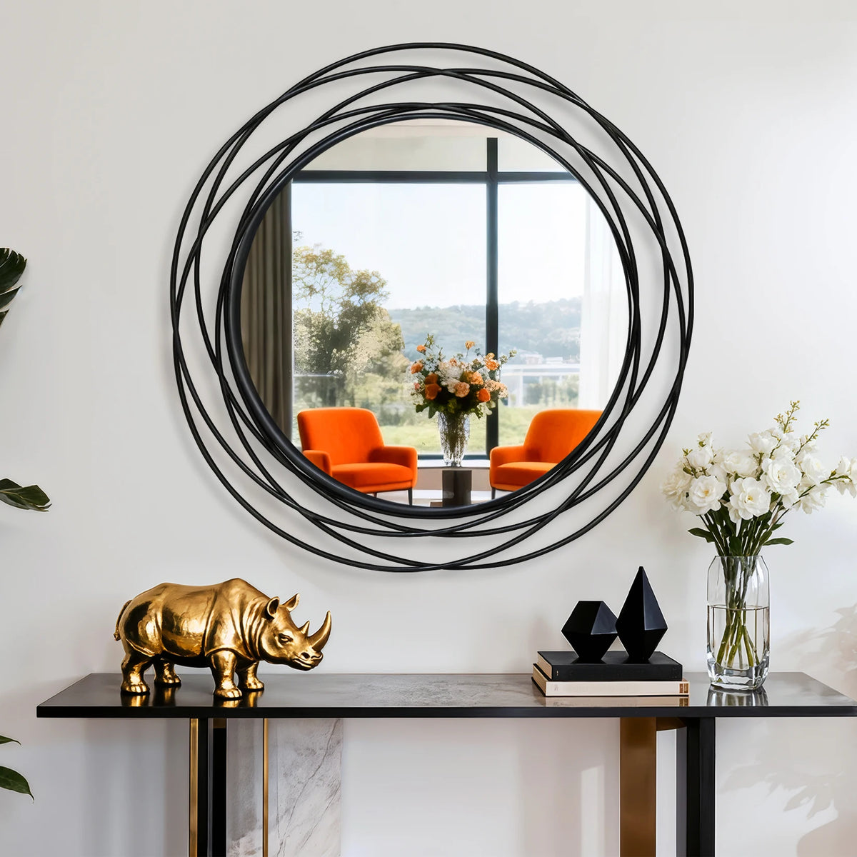 32 Inch Round Black Iron Wire Frame Decorative Wall Mirror for Living Room