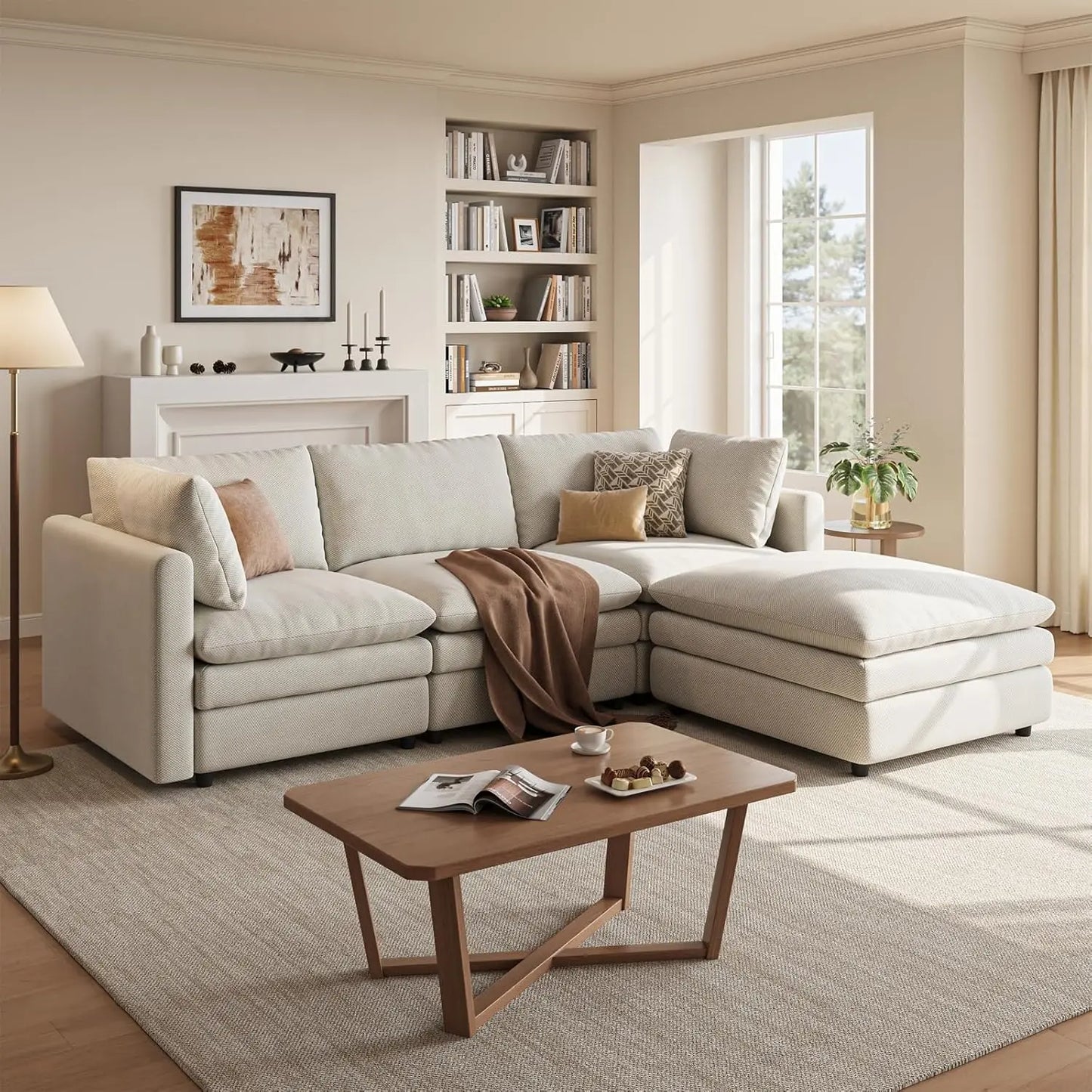 97" Modular L-Shaped Cloud Sofa, 29.1" Deep Seat & Movable Ottoman for Living Room, Custom