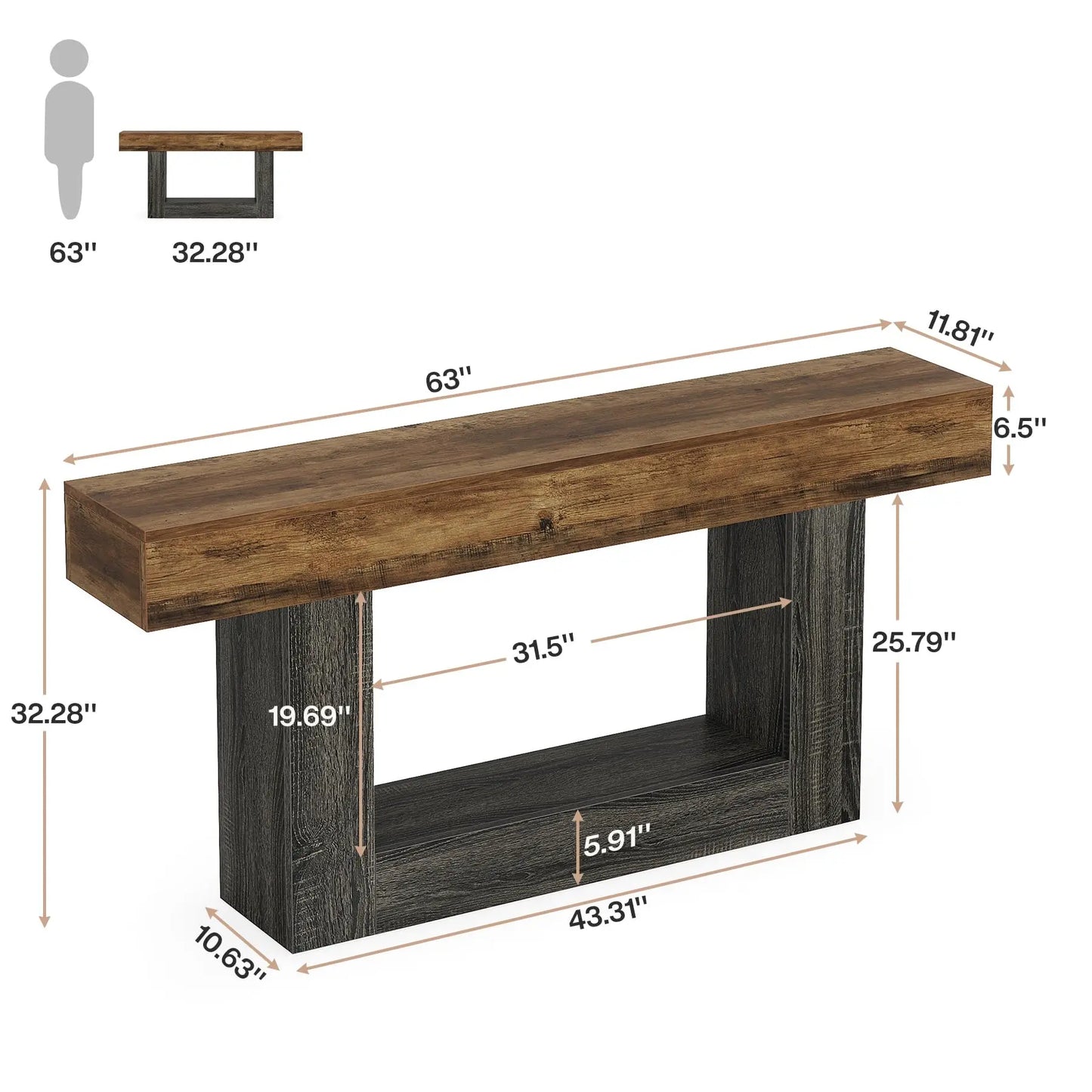 LITTLE TREE 63" Console Table, Farmhouse 2-Tier Entryway Table with U-Shaped Base,Narrow Long Wood Sofa Table Behind Couch Table