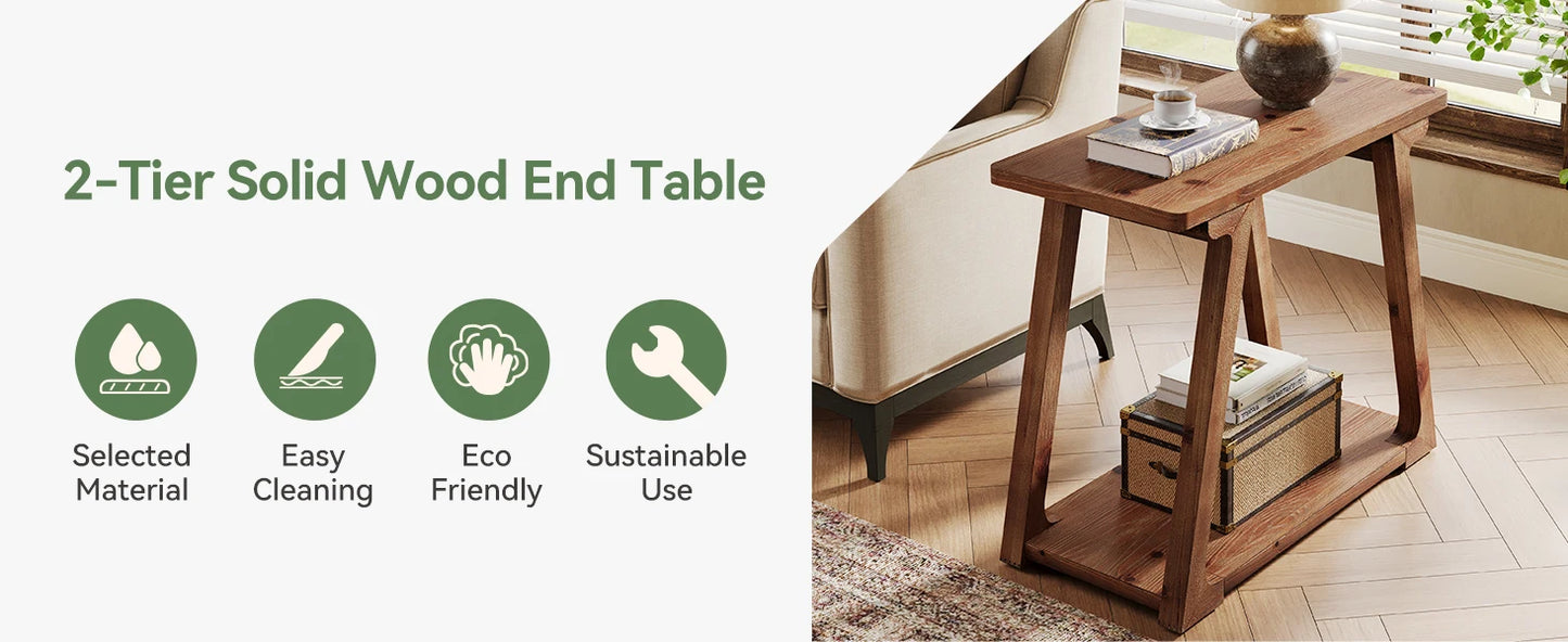 2-Tier Solid Wood End Table, Narrow Side Table, Rectangle Farmhouse Nightstand for Living Room, Bedroom, Easy Assembly