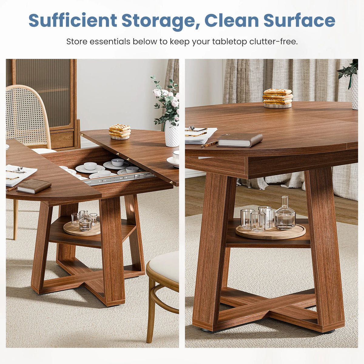 JHK Extendable Wood Round Dining Table Modern Kitchen Oval Dinner Table with Storage Shelf Pedestal Base Space Saving For Home