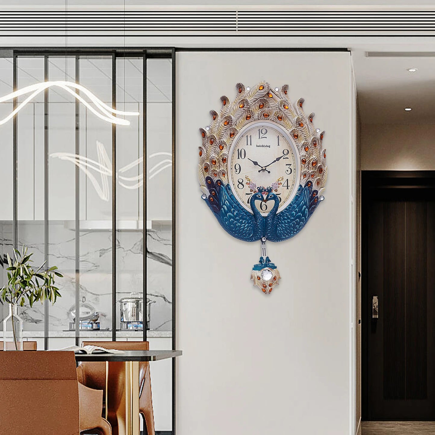 Blue Peacock Wall Clock,Silent Wall-mounted Metal Pendulum Clock 37*60cm with Luxury Crystal for Living Room,Hallways
