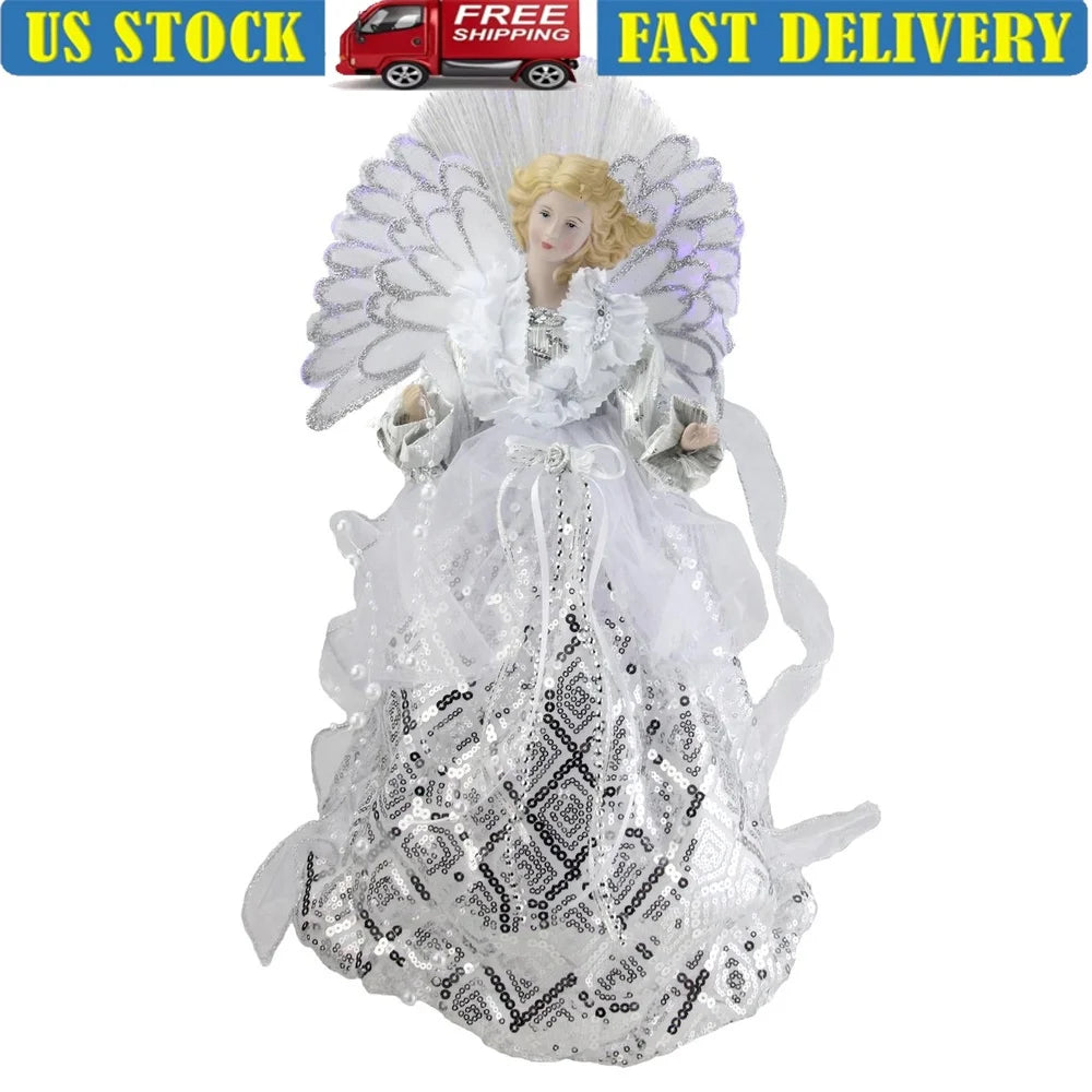 Silver Fur Christmas Tree Topper Angel with Fiber Optic Color Changing Wings Sequin Gown Holiday Decoration 16 Inch