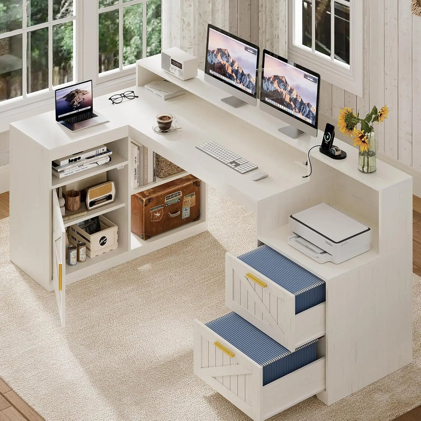 62.2" Farmhouse L Shaped Home Office Desk, Drawers, Storage Shelves & Power Outlet, Custom
