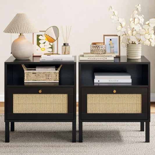 Rattan Night Stand Set 2, Boho Black Nightstands Set of 2, Bedside Table, End Table with Open Storage Space & Metal Le