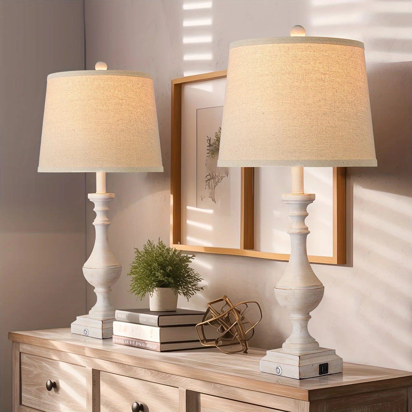 2 Set Coastal Candlestick Table Lamps For Living Room With 2 LED Bulbs, Touch Control 3 Way Dimmable Bedside Lamp