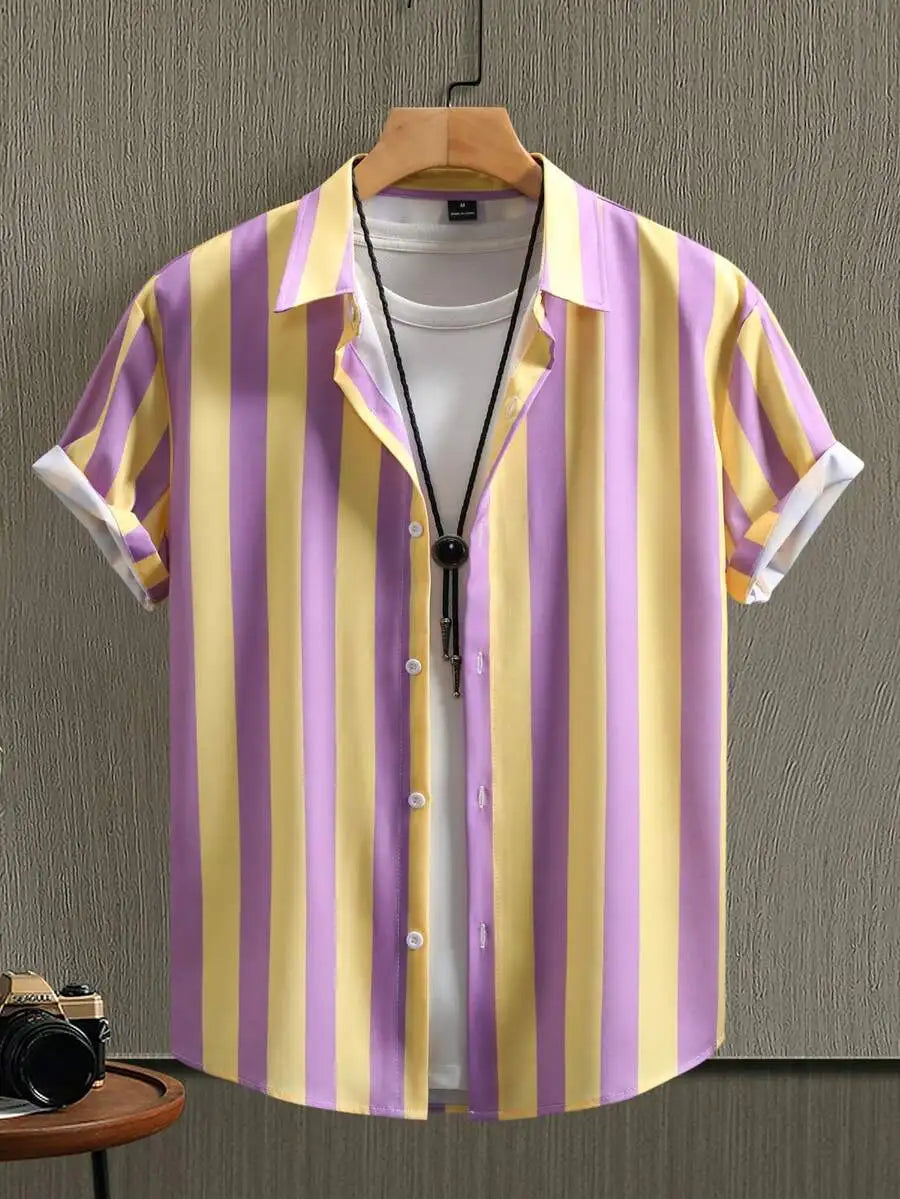 Men Vertical Striped Button Up Short Sleeve Shirt Casual