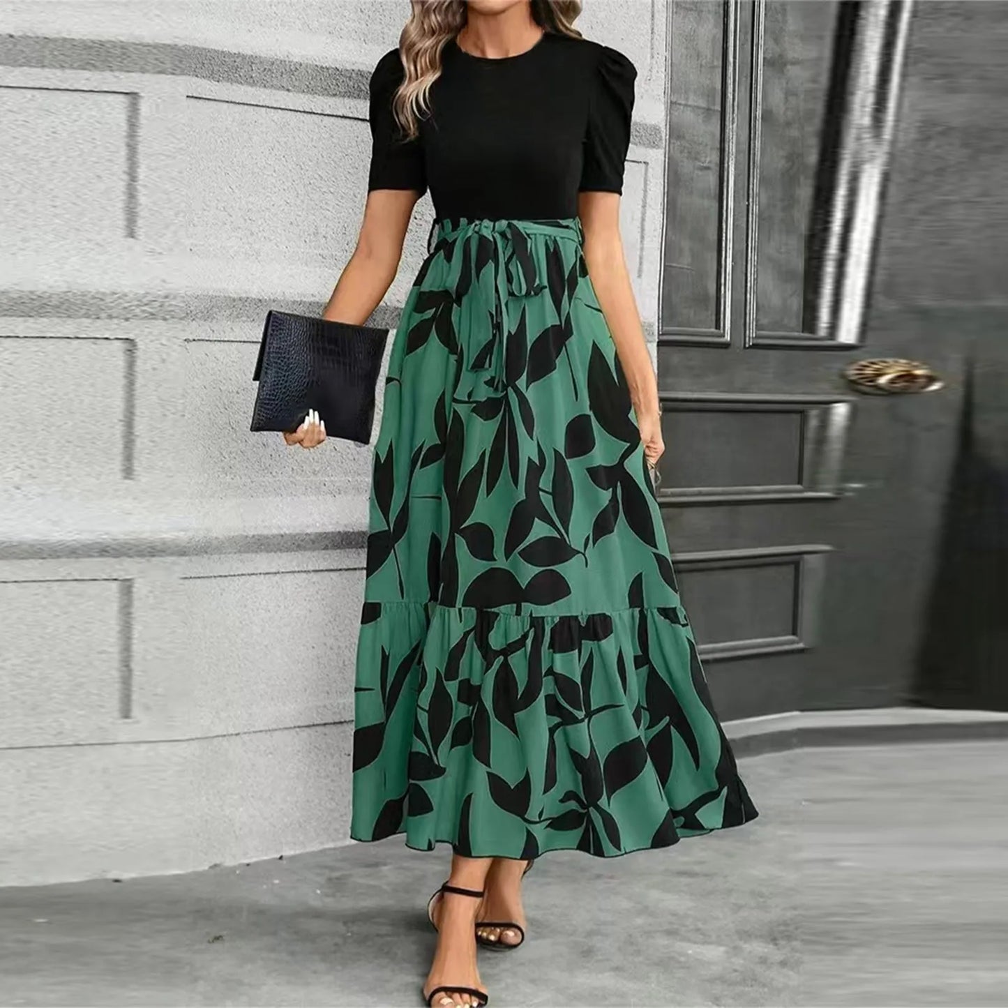 Round Neck Color Blocked Dress Women's Short Sleeved Floral Print A Line Dresses Autumn Elegant Party Dress Robe