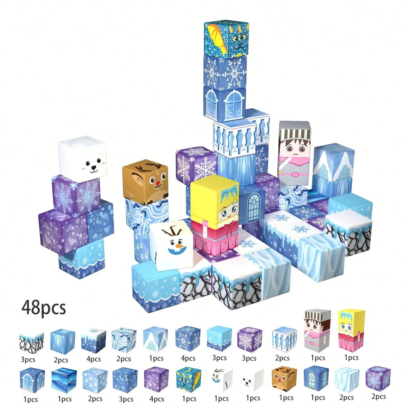Magnetic Blocks - 100/64/48PCS Magnetic Blocks Build Ice Castle - Magnet Blocks Sets For Blue Princess Castle Build, Upgraded STEM Sensory Birthday Gift For Kids Age 3+ Years Old.