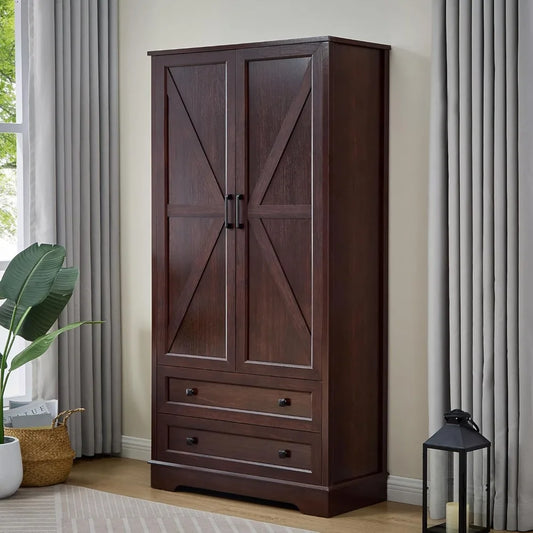 Wardrobe with 2 Drawer, 71 Inches Tall Armoire Wood Wardrobe with Multiple Storage for Bedroom, Living Room, Hallway