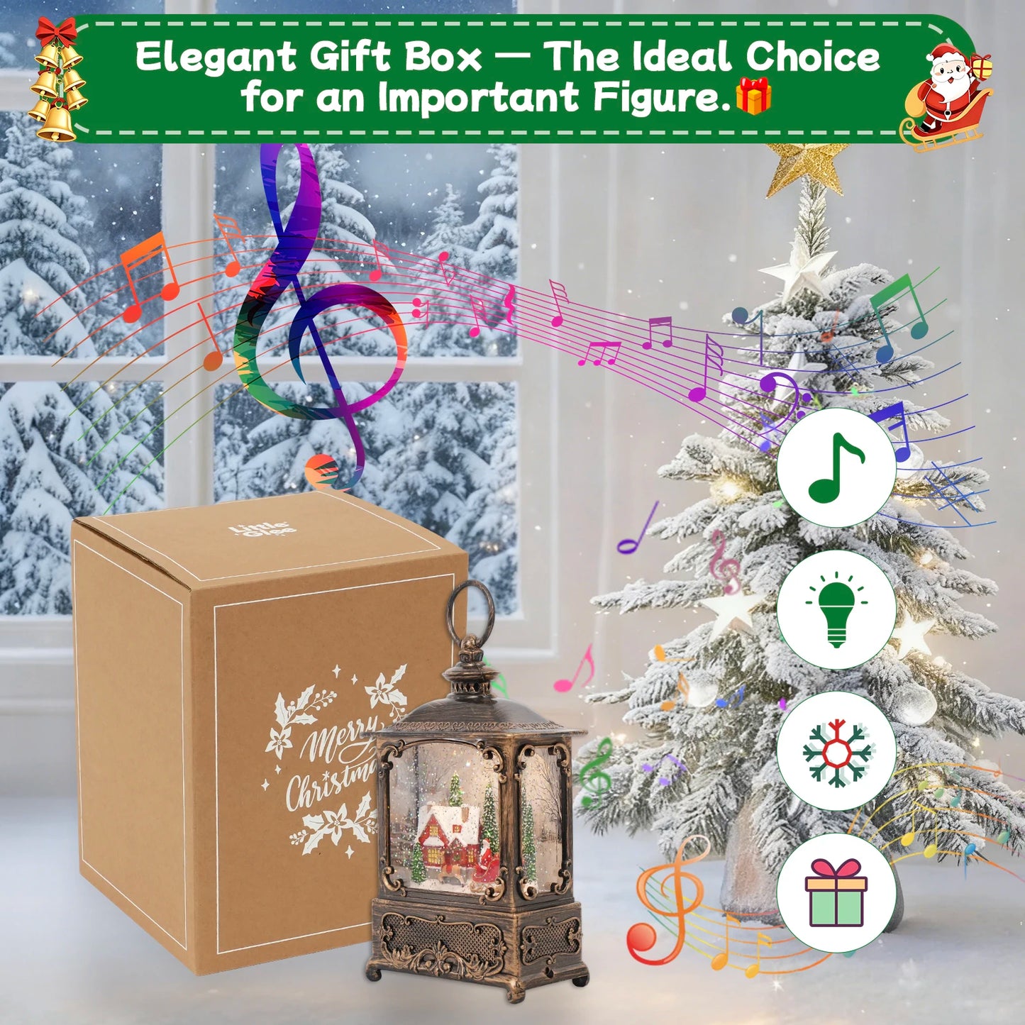 Christmas Music Snow Globe Lantern with LED Lights & Falling Snowflakes, Holiday Melodies and Warm White Glow for Christmas Deco