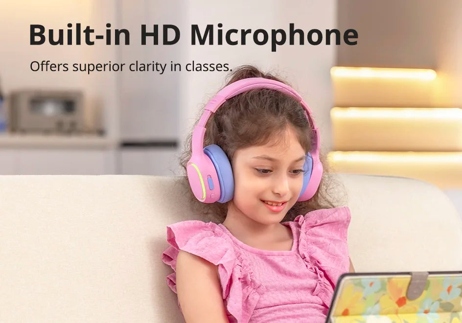 Tronsmart KH03 Active Noise Cancelling Kids Headphones, Foldable Bluetooth Headset with HD Mic for Class Clarity, Soft Protein Earpads, 7-Color LED, Safe Volume Limit, 70H Battery for Travel/Study