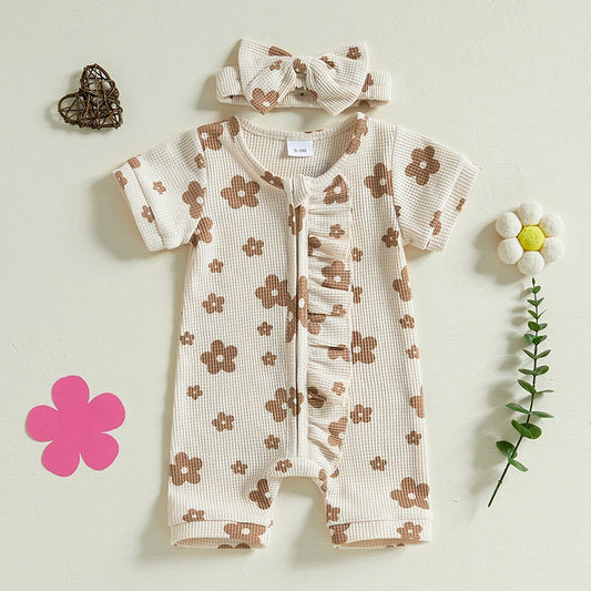 Adorable Infant Girls Floral Print Romper with Matching Headband Cute Ruffled Crew Neck Short Sleeve Outfit for Summer 2