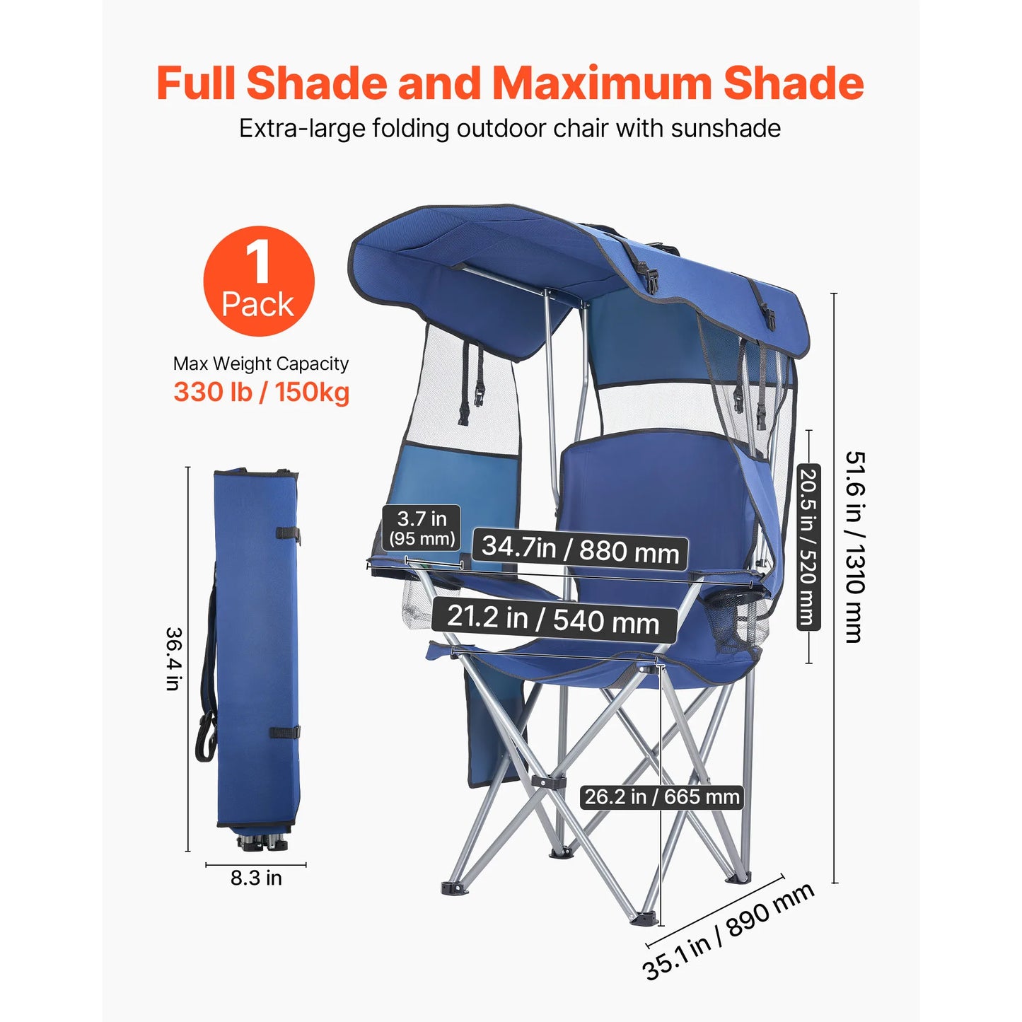 SucceBuy 330lbs Camping Chair with Canopy Shade Magazine Pocket 2 Cup Holders Carry Bags for Outdoor Fishing Tailgates Deep Blue