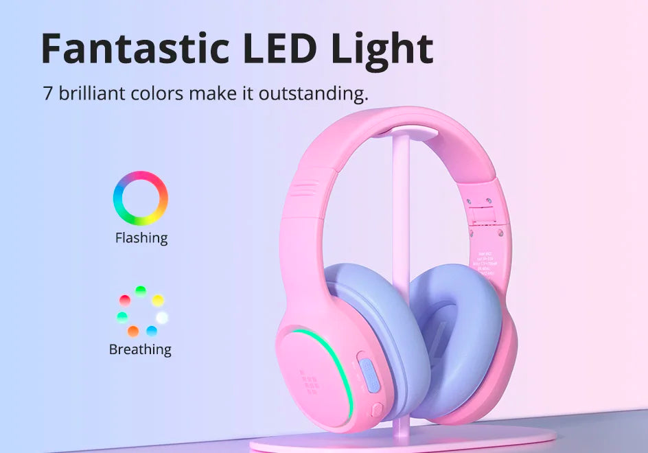 Tronsmart KH03 Active Noise Cancelling Kids Headphones, Foldable Bluetooth Headset with HD Mic for Class Clarity, Soft Protein Earpads, 7-Color LED, Safe Volume Limit, 70H Battery for Travel/Study
