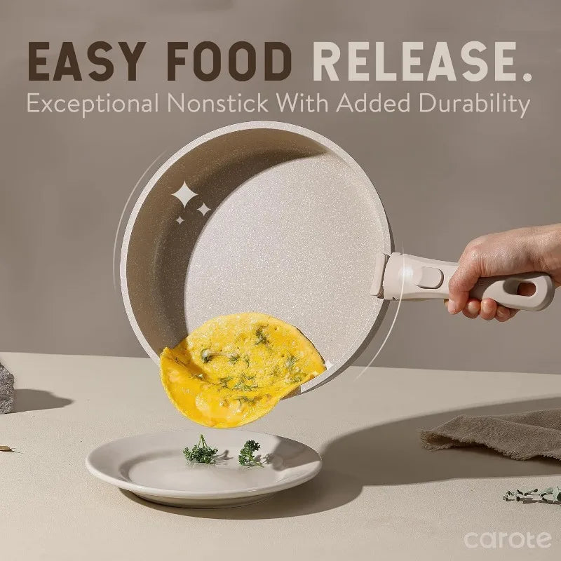 21pcs Detachable Handle Pots and Pan Set, Nonstick Induction Cookware, Removable Handle, RV Oven Safe Cookware, Taupe