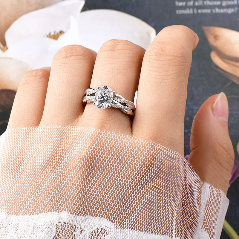 Oxtao 2CT Oval Cut Moissanite Engagement Ring Set D VVS1 Sterling Silver