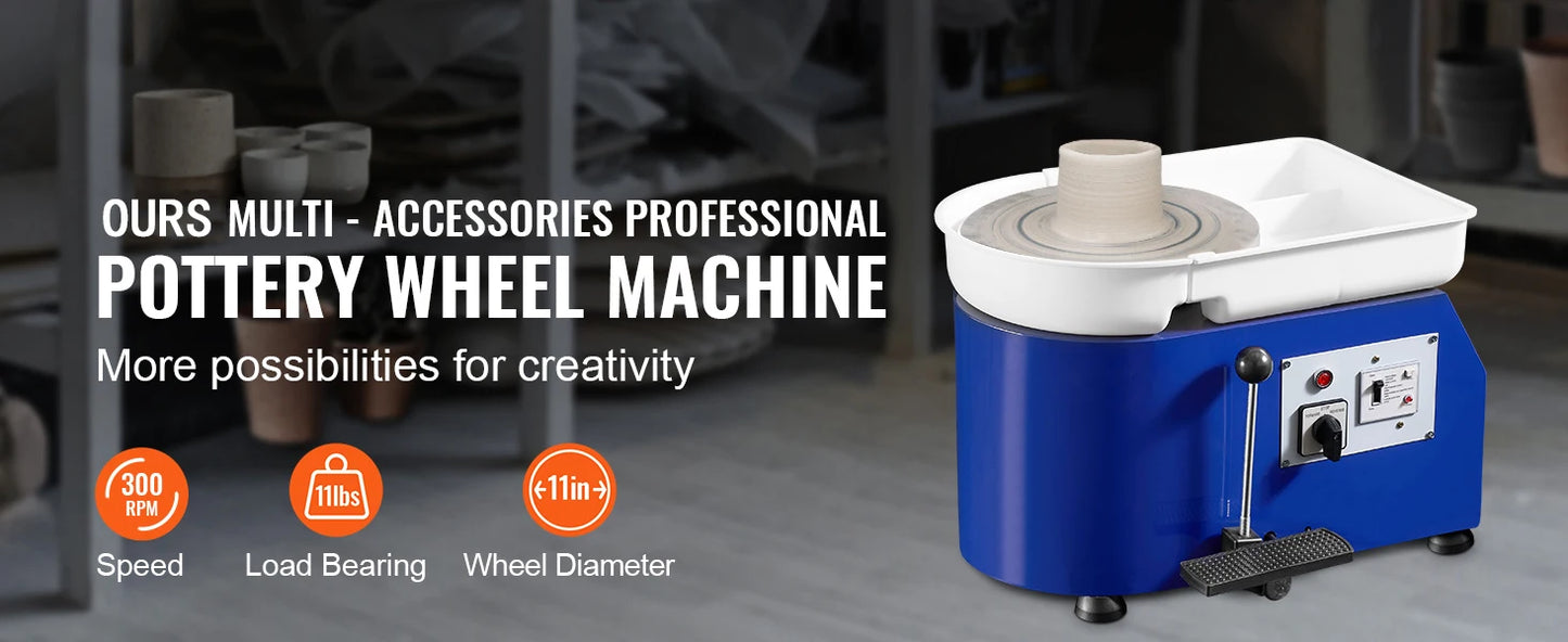 SucceBuy 11in Pottery Wheel Ceramic Forming Machine Adjustable 60-300RPM Speed Handle Foot Pedal Control ABS Detachable Basin