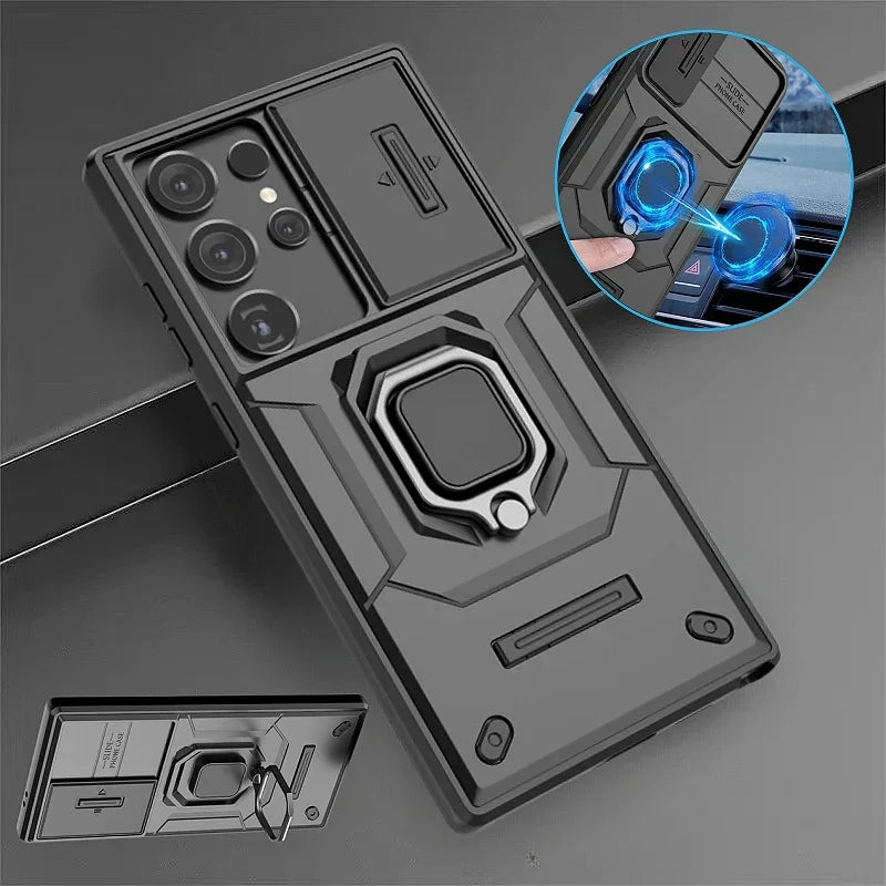 Slide Camera Armor Case For Samsung Galaxy S25 Ultra S24 FE S23 Plus A54 A55 M56 A26 A36 A56 5G Lens Protect Magnetic Ring Cover