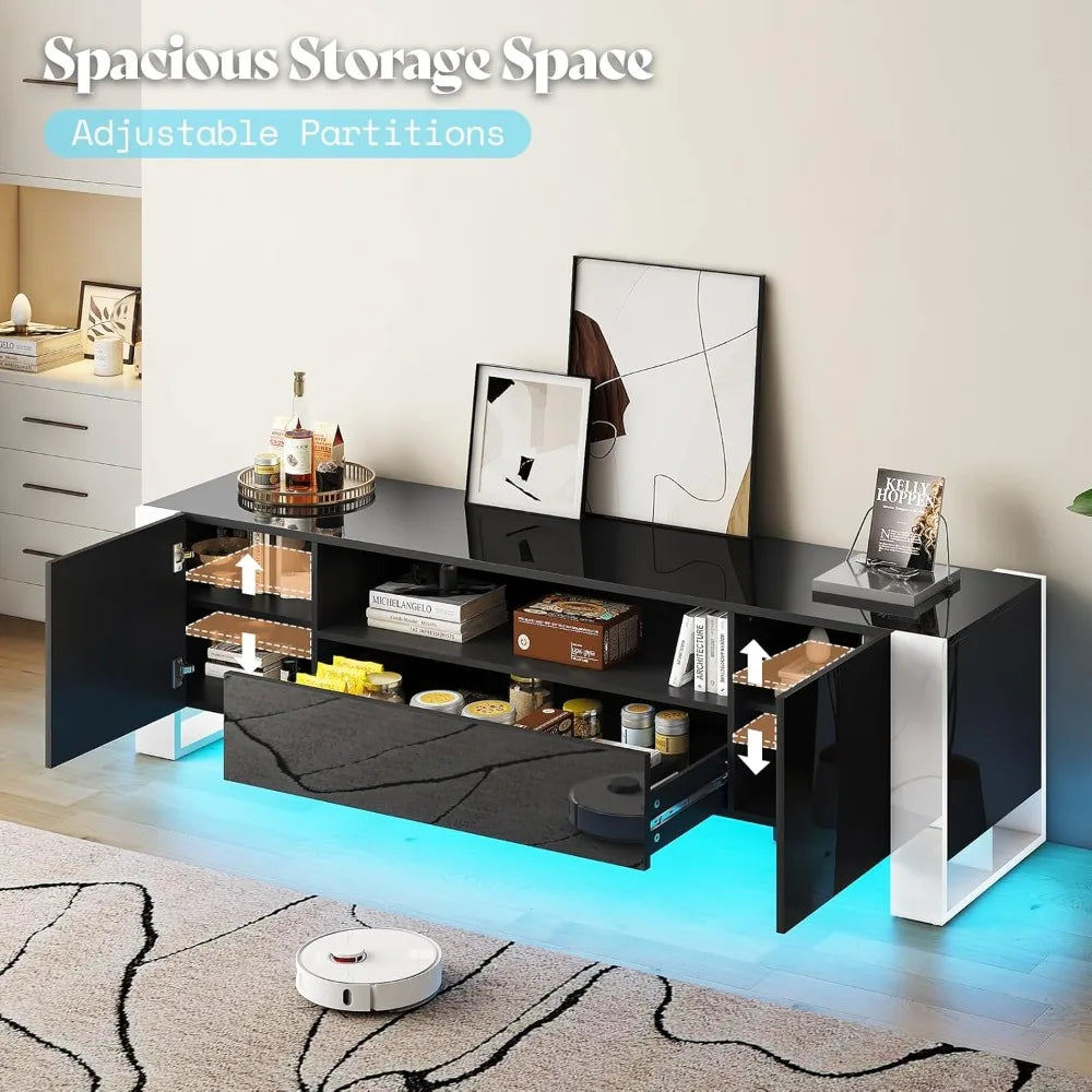 70 inch TV Stands with LED Lights, High Gloss TV Console Modern Entertainment Center with 2 Cabinet Storage Drawer