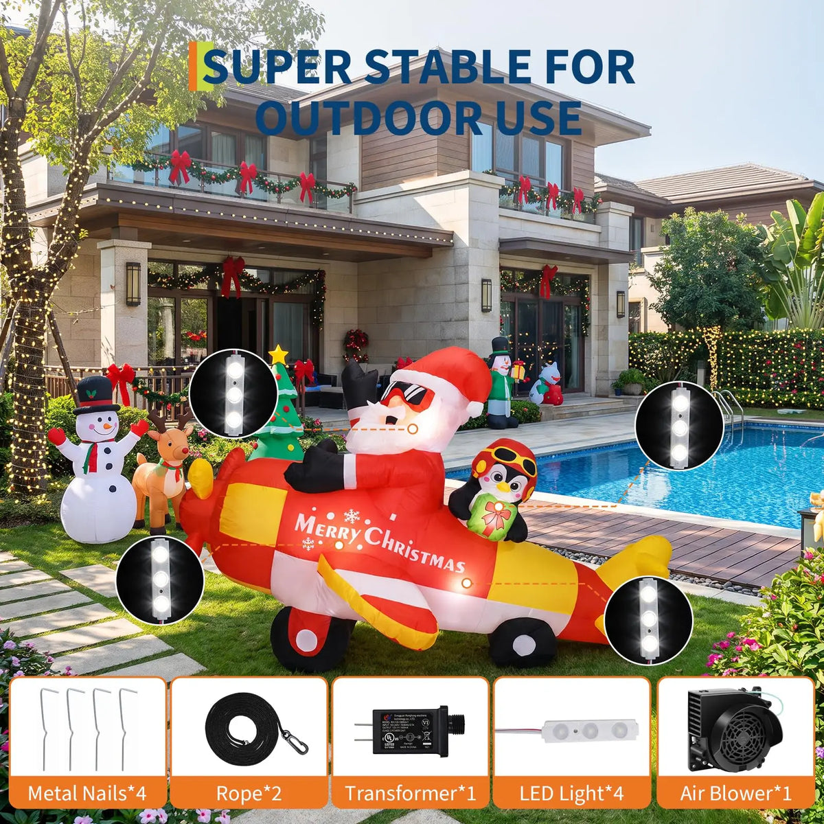 8FT Christmas Inflatable Santa Airplane With Penguin Gift Box LED Outdoor Decor