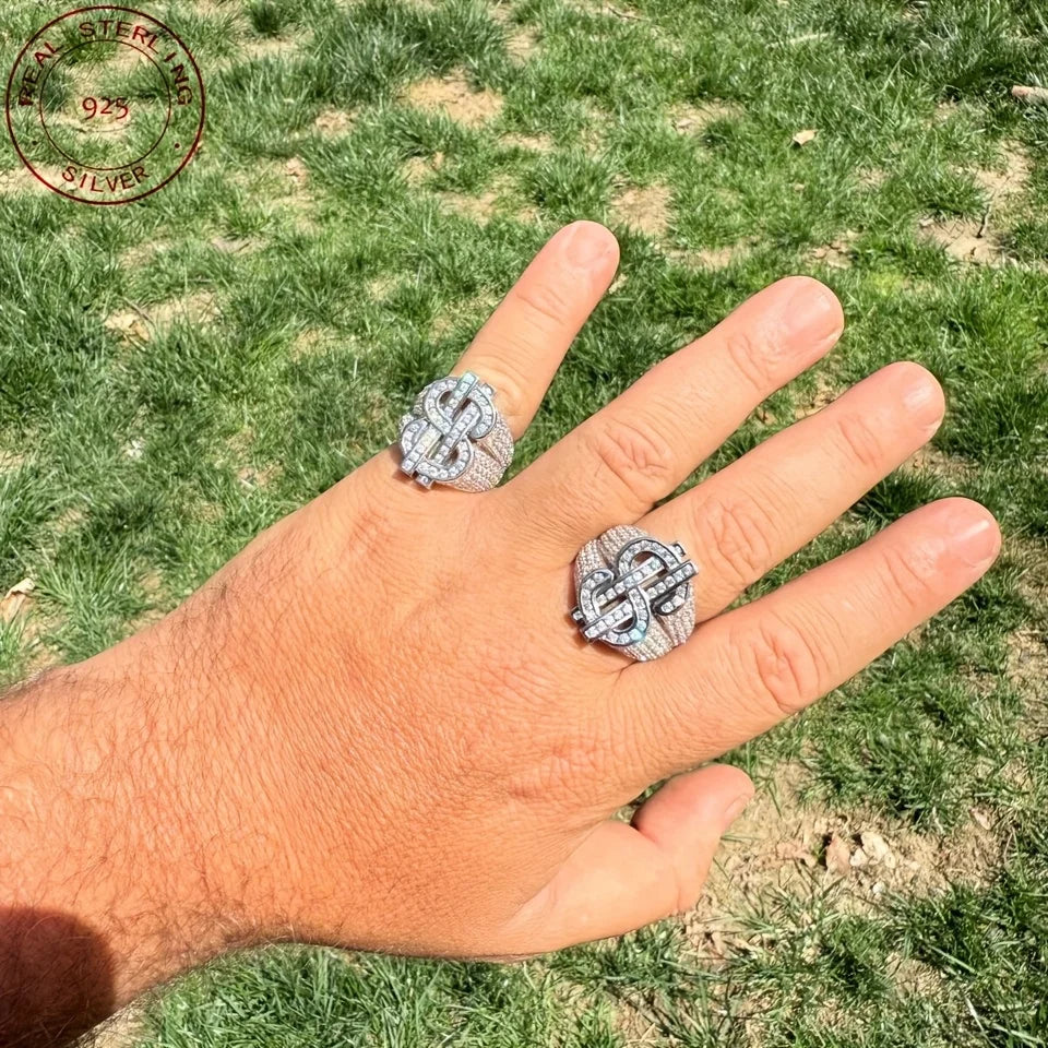 Men‘s 925 Sterling Silver Iced Out Money Dollar Sign Ring Hip Hop Style 14K White Gold Plated Jewelry