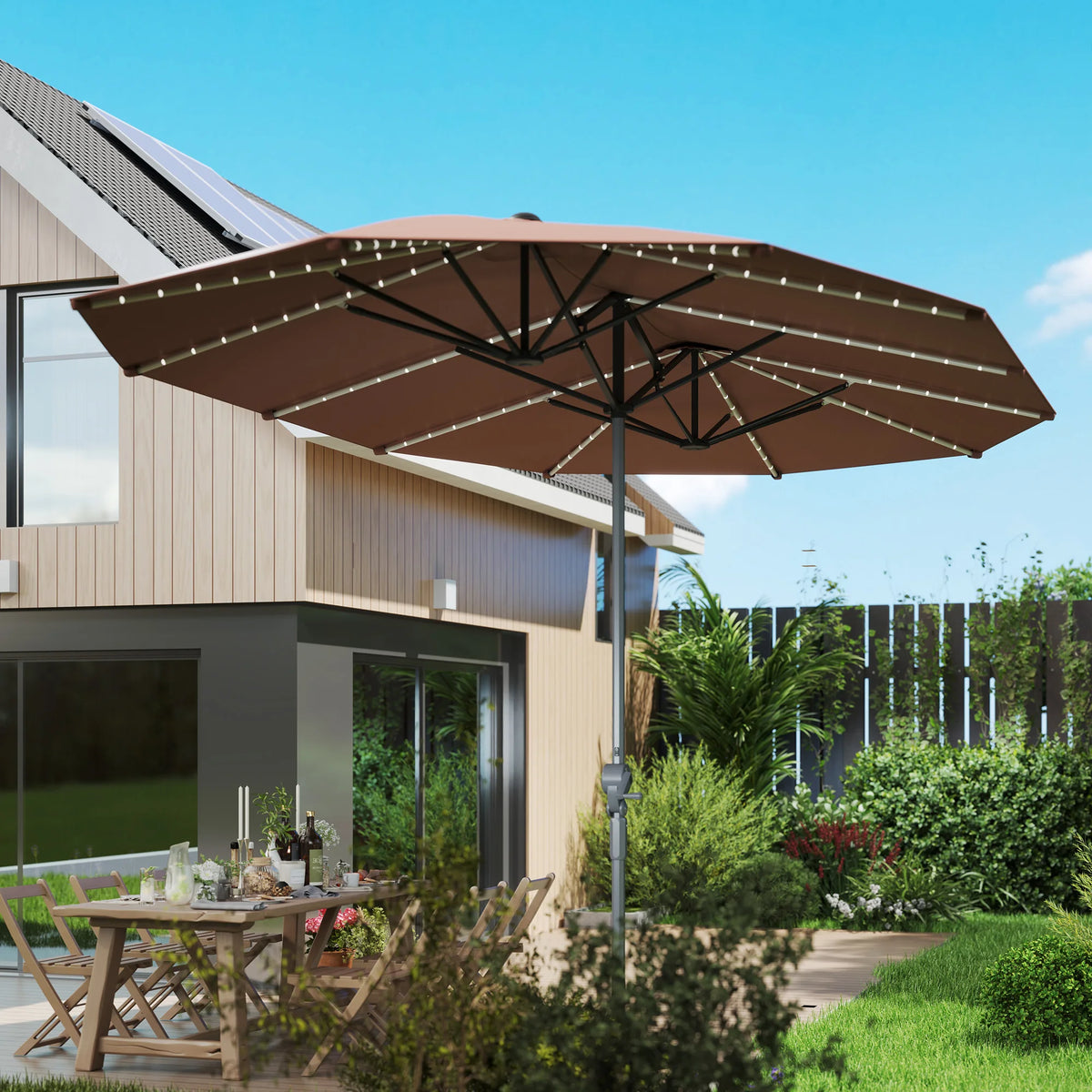 15ft Patio Umbrella with Solar Lights Upf50+ Outdoor Umbrella Tan
