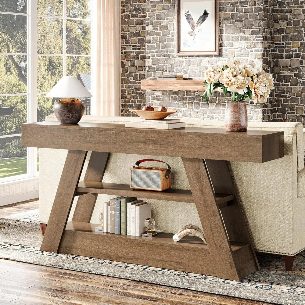 63-Inch Rustic Wooden Console Table with Storage for Entryway and Living Room Sofa Area