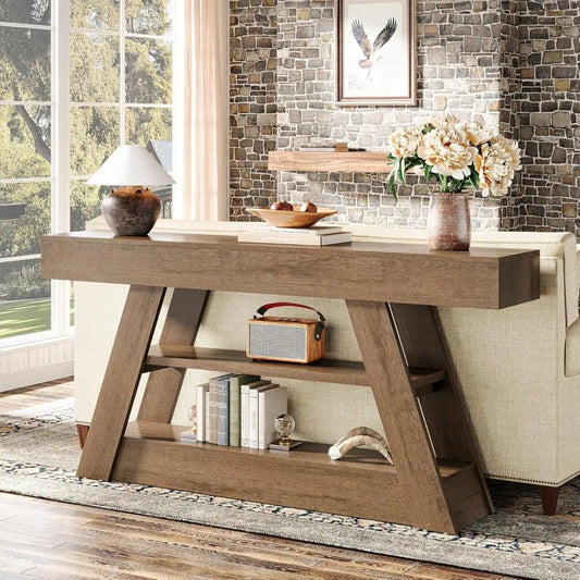 63-Inch Rustic Wooden Console Table with Storage for Entryway and Living Room Sofa Area