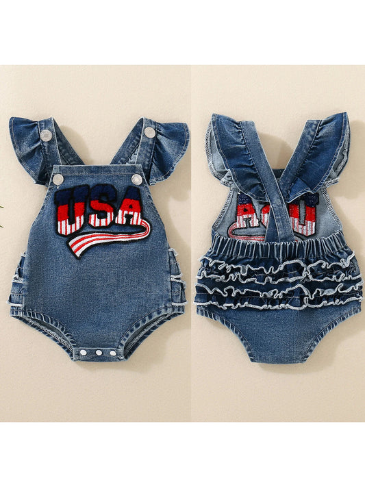 Toddler Boys American Flag Romper Short Sleeve Jumpsuit with Matching Headband Set Independence Day Outfit for Kids