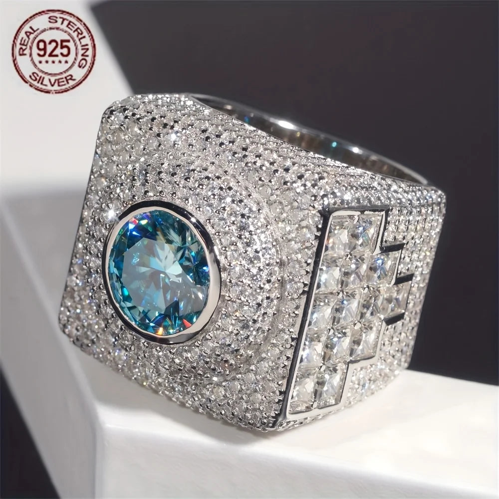 Luxury Big Square 925 Sterling Silver Hip Hop Rings Sea Blue Lab Diamond Wedding Band Ring Icy Out Cocktail Party Jewelry