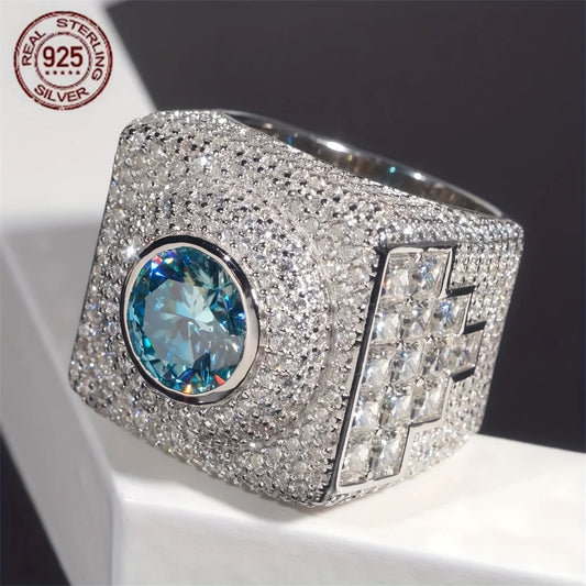 Luxury Big Square 925 Sterling Silver Hip Hop Rings Sea Blue Lab Diamond Wedding Band Ring Icy Out Cocktail Party Jewelry