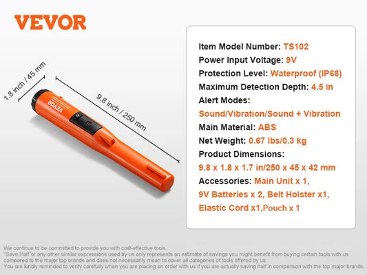 VEVOR Metal Detector Pinpointer IP66/IP68 Waterproof Handheld Pin Pointer Wand 1.96"/4.5" Detection Depth 3 Modes for Detecting