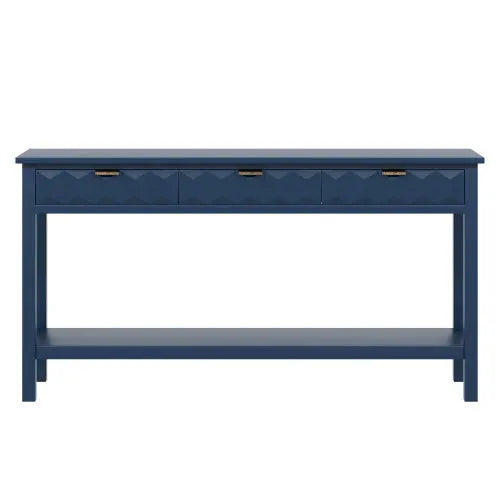 60 Inch Pine Veneer Entryway Console Table with Honeycomb Fronts and 3 Drawers