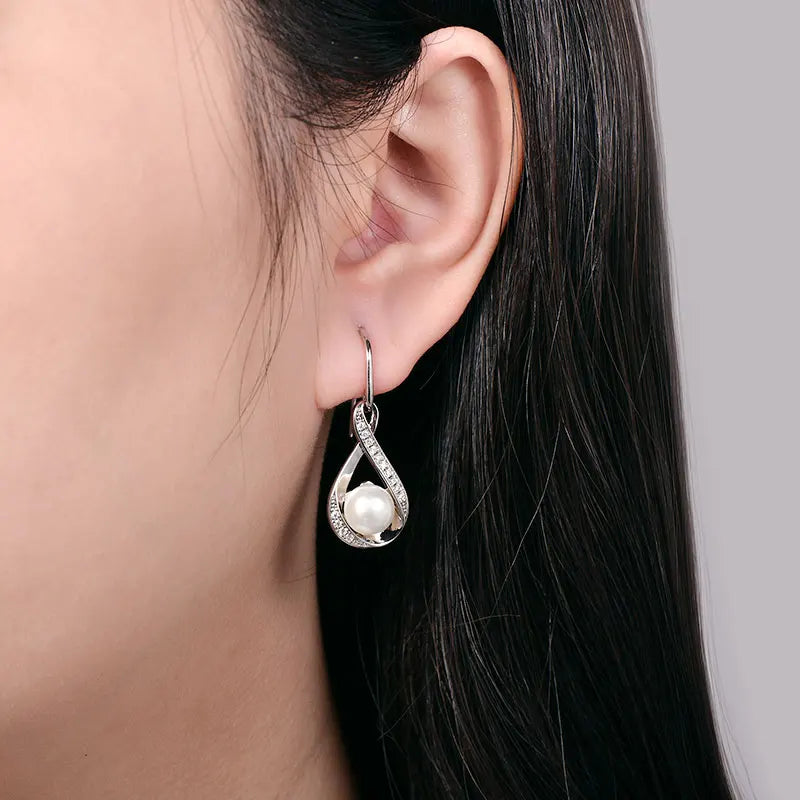 OXTAO Infinity D Moissanite Dangle Hook Earrings for Women 8mm Natural Freshwater Pearl Earrings Wedding Jewelry Gift 14K Gold Filled