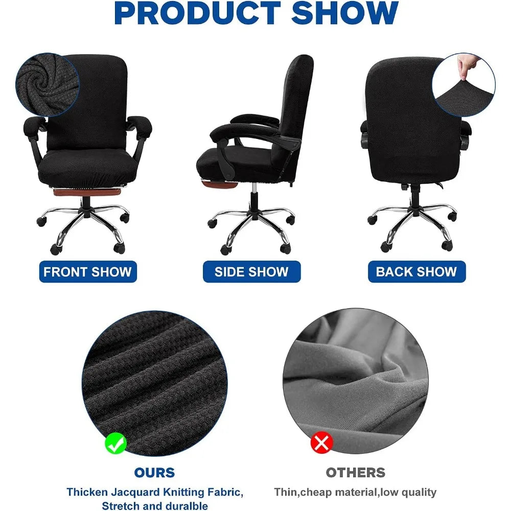 Stretchable Thick Jacquard High Back Desk Chair Cover with Armrests Large Black