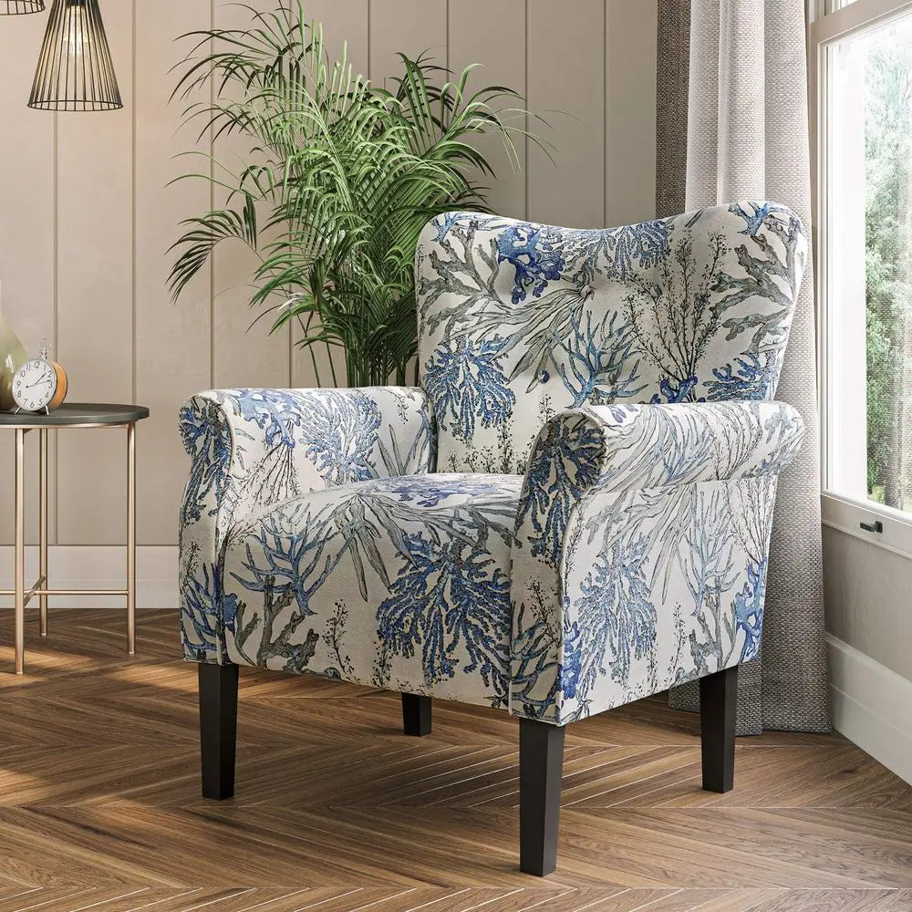 Modern Linen Wingback Accent Chair with Wooden Legs and Padded Arms