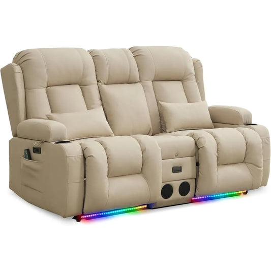 Power Loveseat Recliner Sofa with Vibrating Massage and Heat, Home Theater Seating RV Couch with Flipped Backrest Console, LED L