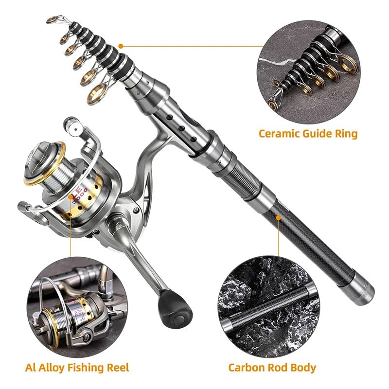 2.4m Carbon Fiber Fishing Rod And Reel Combo Ultralight Lasting Travel Telescopic Fishing Pole Spinning Reel Kit, 100-meter Line