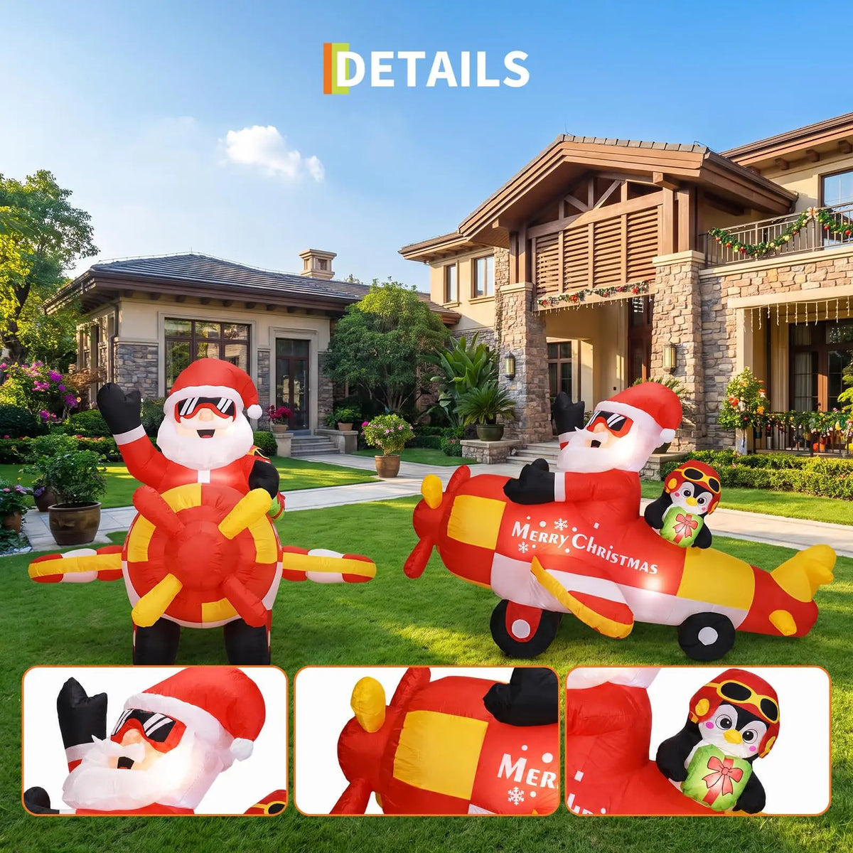 8FT Christmas Inflatable Santa Airplane With Penguin Gift Box LED Outdoor Decor