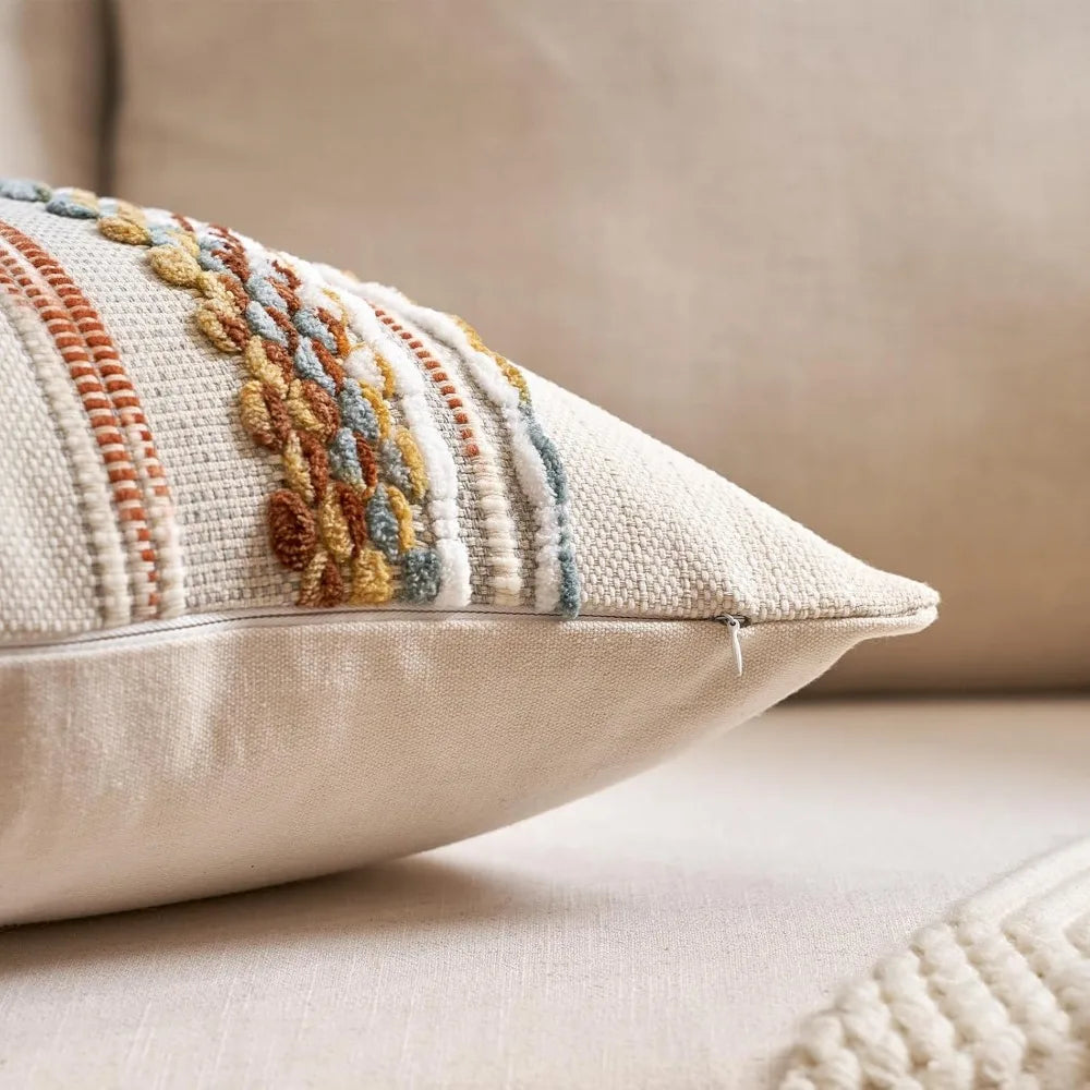 Boho Striped Chenille Tufted Pillow Covers 18x18 Set of 2 Orange White Neutral Decorative for Couch Bed