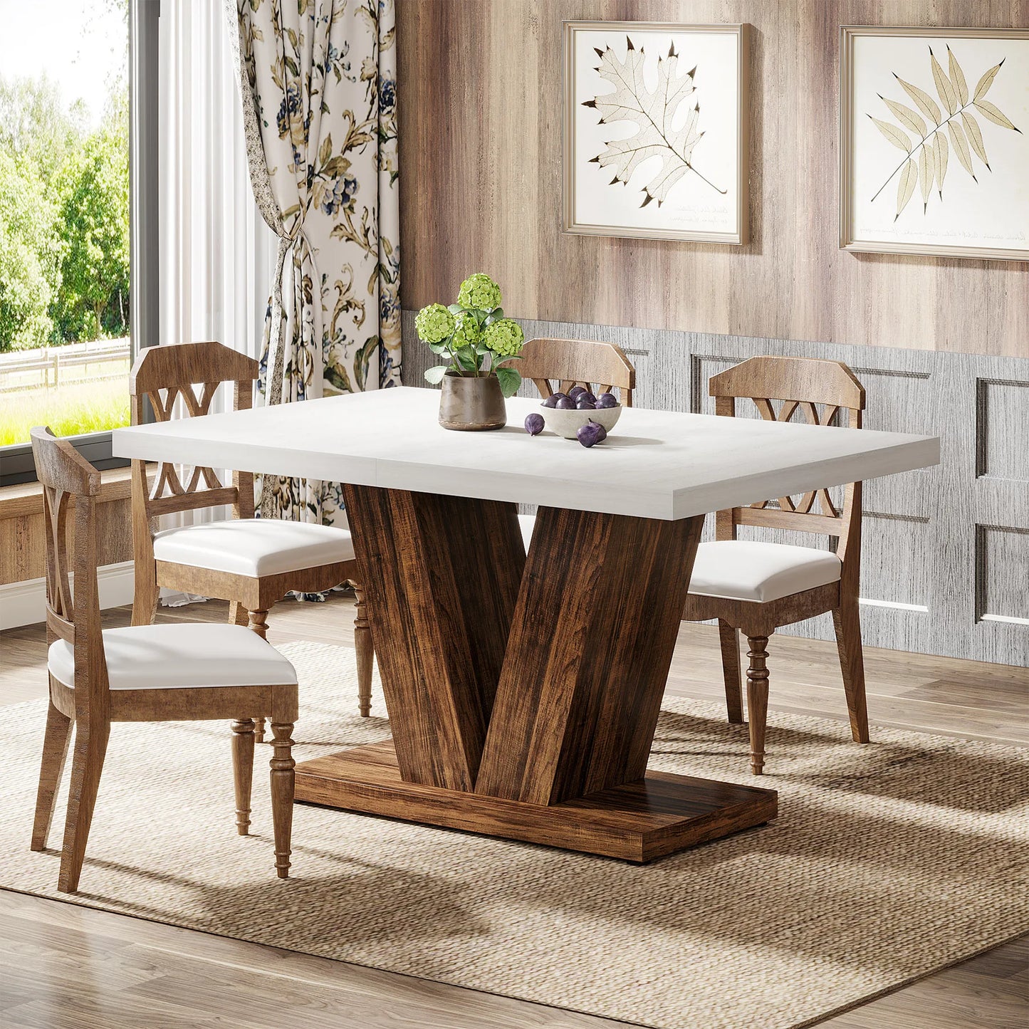 Tribesigns 47-Inch Dining Table for 4, White Kitchen Dinner Table with Heavy Duty Pedestal, Farmhouse Wooden Eating Table