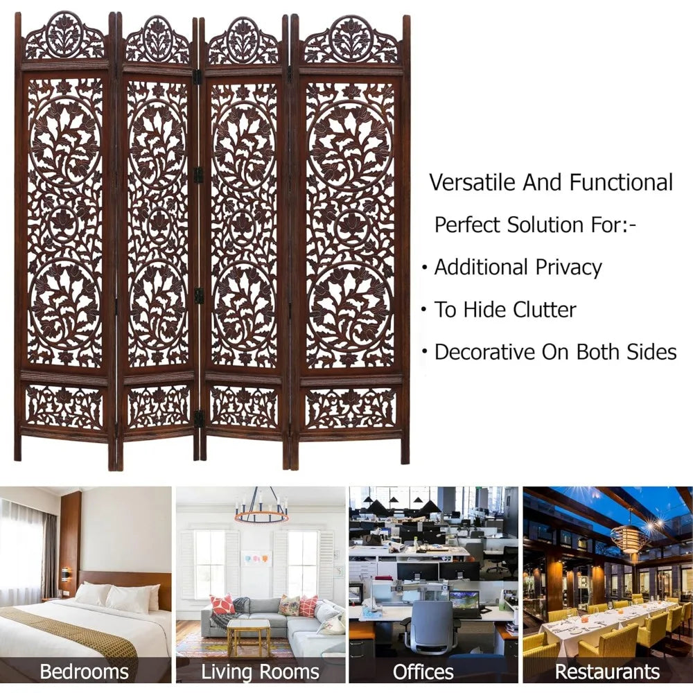 Kamal Antique Brown Room Divider with 4 Folding Panels - 72 x 80 Hand Carved Portable Screen, Reversible Functional Design