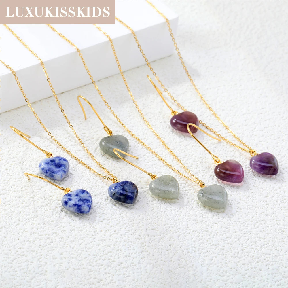 LUXUKISSKIDS Romantic Sweet Heart Jewelry Sets for Woman/Ladies Stainless Steel Love Pendant Peach Hearts Necklace Earrings Gift