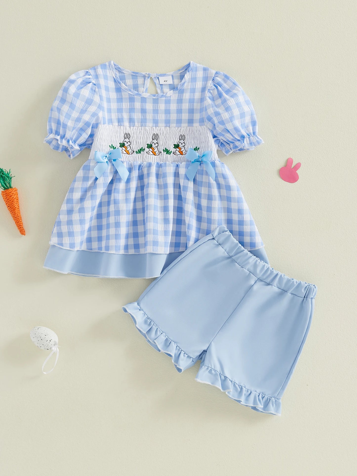 Adorable Girls Easter Outfit Set with Bunny Embroidery Plaid Shorts and Round Neck Top - Fashionable 2 Piece Ensemble
