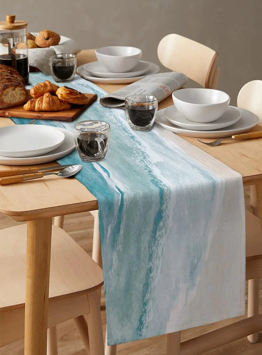Coastal Beach Blue Linen Table Runner Dresser Scarf Table Decor Summer Kitchen Dining Table Runner Ocean Sea Waves Party Decor