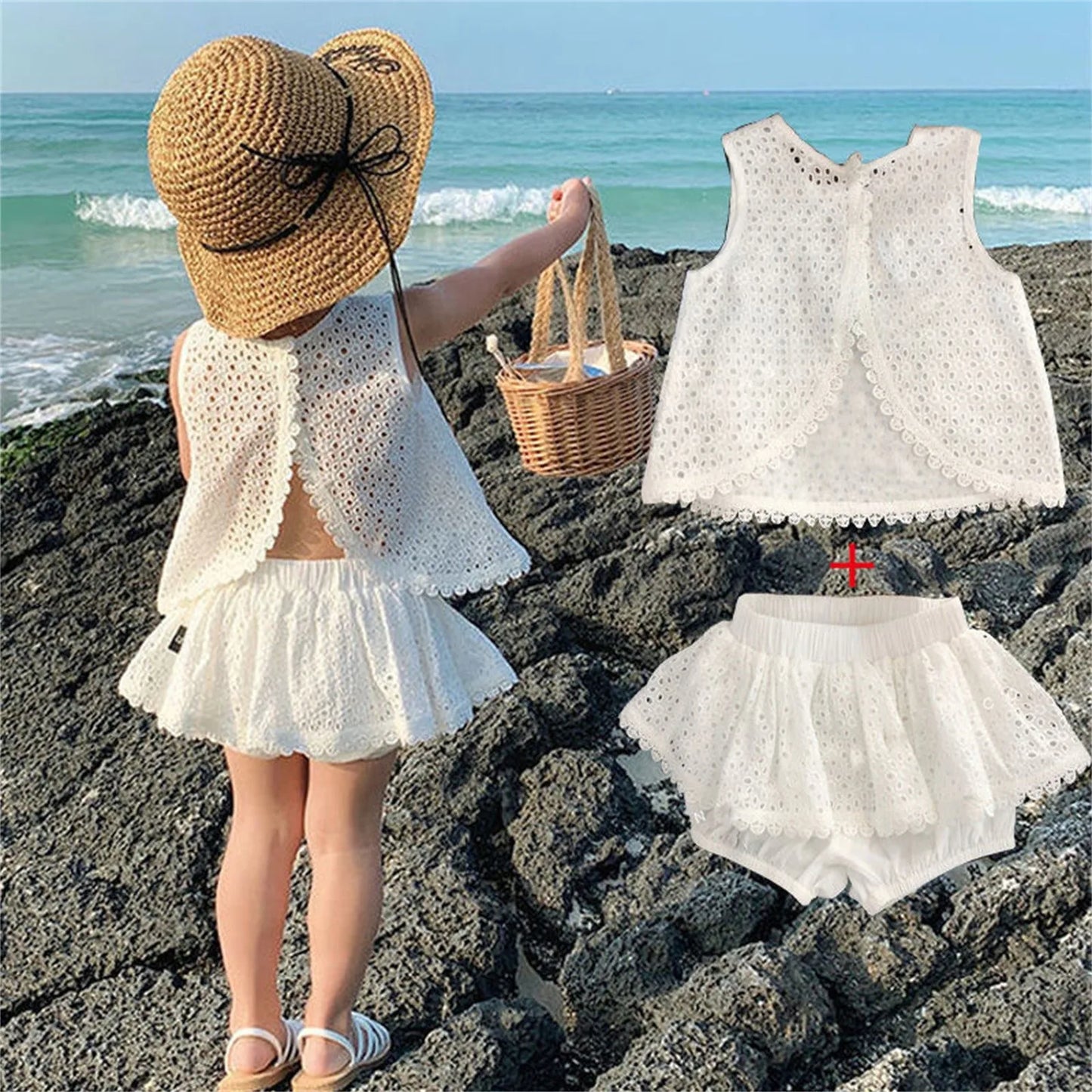 Girls 2025 Summer Clothing Sets Hollow Lace Suit Baby Casual Sleeveless T-shirt+Shorts Kids Clothing Sets Baby Clothes Outfits